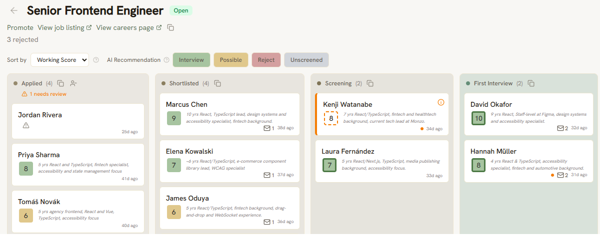 The Selectin hiring pipeline: a kanban board with candidates moving through stages